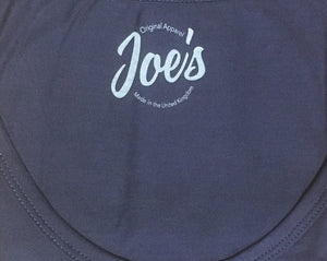 Joe's Drumsticks navy logo vest close up